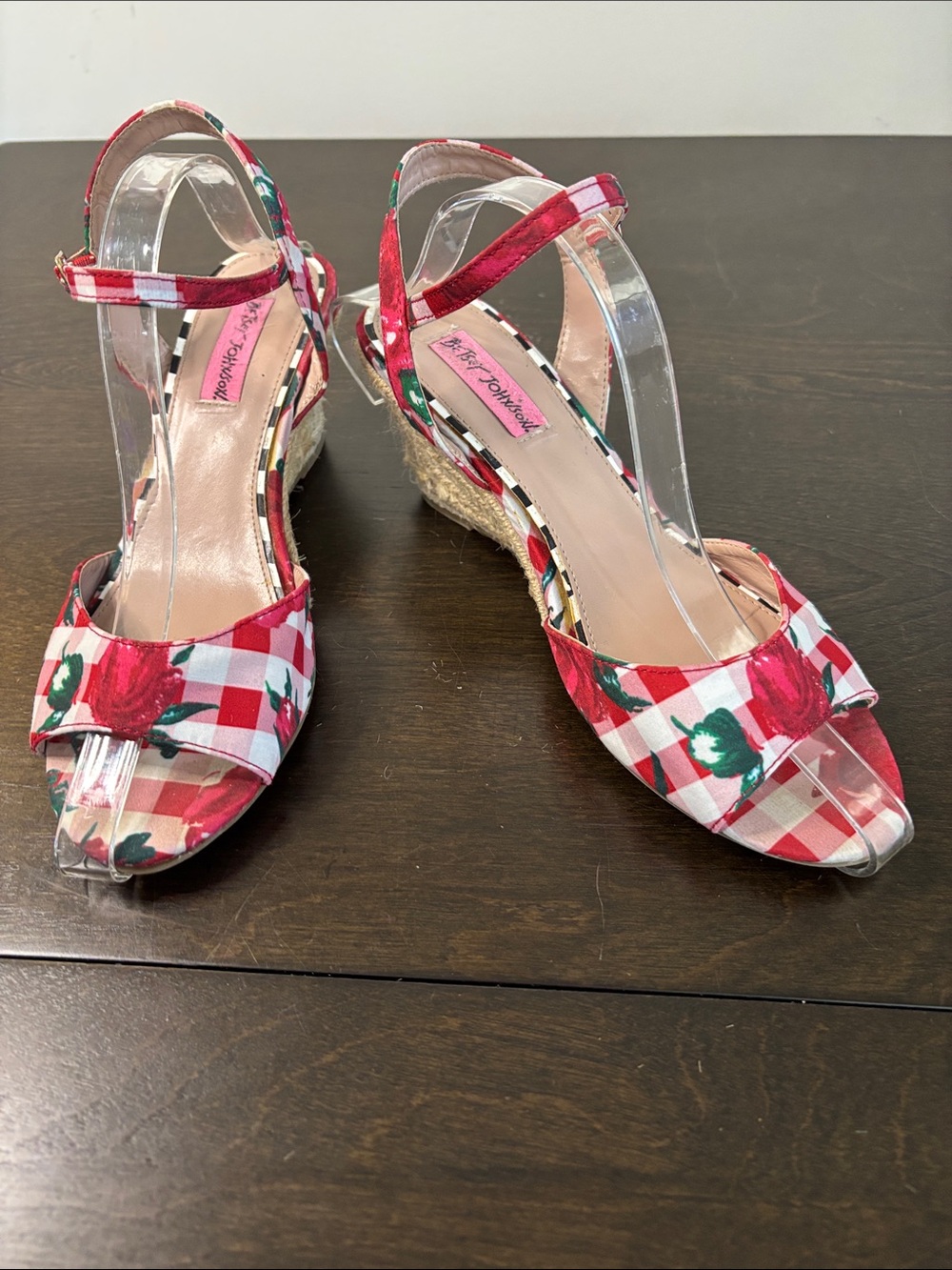 Betsey Johnson Red Pink Floral Gingham Espadrille Wedge Sandals Size 8.5